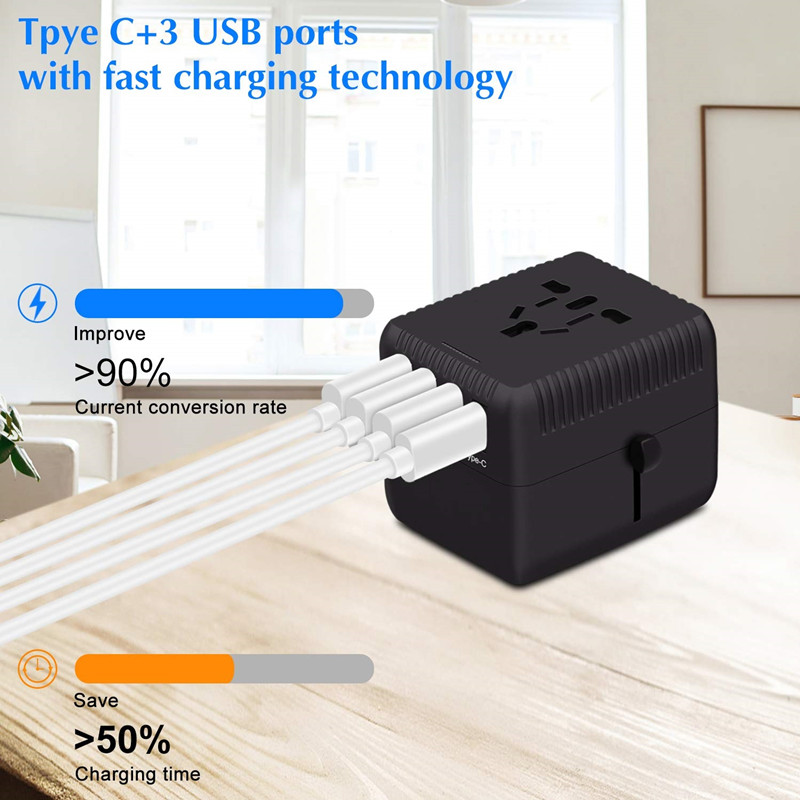 Bộ điều hợp du lịch phổ thông PD Bộ sạc AC cắm sạc quốc tế Một bộ sạc AC với nguồn thông minh 5A và USB Type-C 3.0A cho Hoa Kỳ EU UK AUS